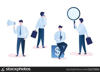 Set of businessmen or office workers in different poses,men with megaphone,magnifying glass, and smartphones,isolated on white background,trendy style vector illustration