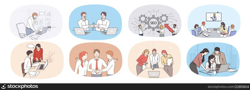 Set of businesspeople brainstorm collaborate together in office. Collection of diverse employees cooperate work on laptop together at workplace. Teamwork concept. Vector illustration. . Set of businesspeople cooperate together in office