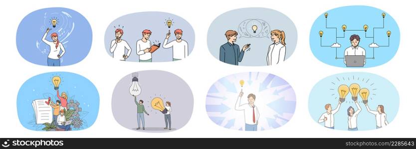 Set of businesspeople with lightbulb brainstorm generate creative business idea or thought. Collection of diverse employees think generate innovative project. Innovation. Vector illustration.. Collection of businesspeople with lightbulb brainstorming