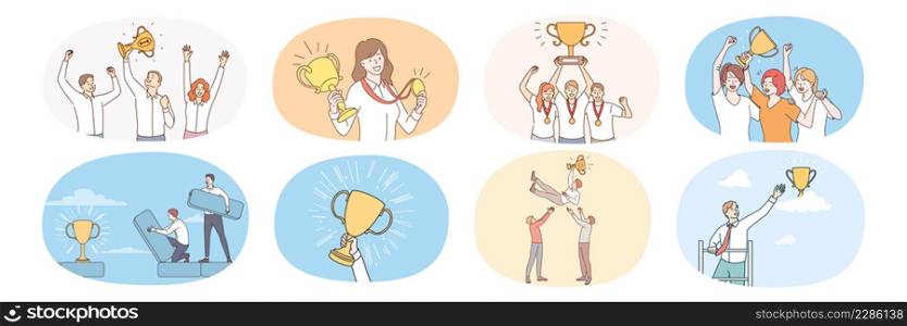 Set of businesspeople with trophy celebrate shared business success. Collection of overjoyed people with medals and awards reach target. Goal achievement. Flat vector illustration. . Collection of businesspeople with award celebrate success