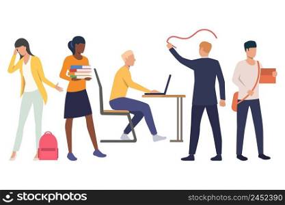 Set of busy students in university. Male and female students in various positions. Vector illustration can be used for presentation, article, educational promo. Set of busy students in university