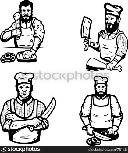 Set of butcher illustrations on white background. Design elements for logo, label, emblem, sign. Vector illustration