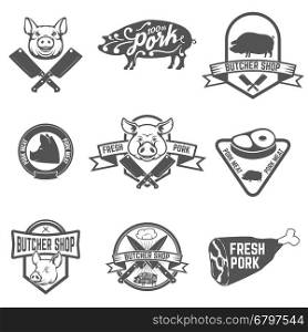 Set of butcher shop, fresh pork labels. Design element for logo, label, emblem, sign, mark. Vector illustration.