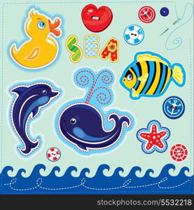 Set of buttons, cartoon animals and word SEA - hand made cutout images and letters - picture for chilfren