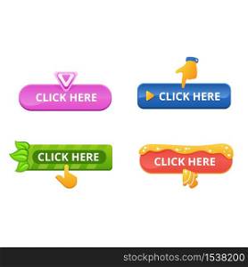 Set of buttons with the inscription click here. Multi-colored buttons of different shapes and cursor pointers.. Set of buttons with the inscription click here.