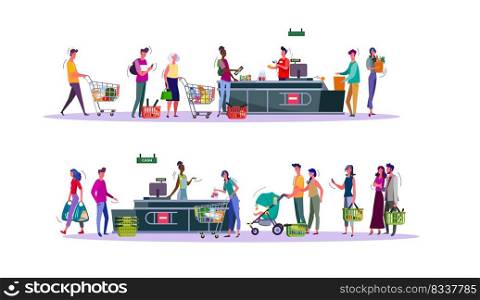 Set of buyers paying for purchases at supermarket checkout counter. Grocery shop cashier and shoppers standing in line with shopping carts. Diverse people buying food flat vector illustration