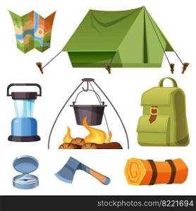 Set of c&ing equipment and stuff tent, map, rucksack and axe with mat, compass, cauldron hang on fire and lantern. Touristic items isolated on white background Cartoon vector illustration, icons. Set of c&ing equipment and stuff cartoon set