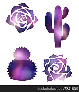 Set of cacti and succulents with a cosmic background. The object is separated from the background. Vector element for your creativity. Set of cacti and succulents with a cosmic background. The object is separated from the background.