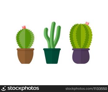 Set of cacti in pots. Houseplants. Isolated on white background, flat style.