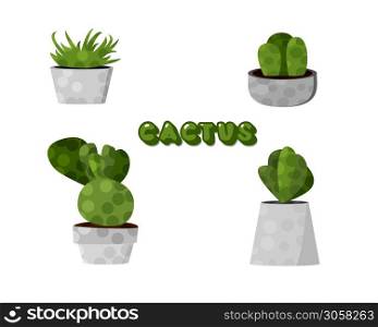 Set of cactuses with cement pots. Collection of succulents with handwritten lettering isolated on white background. Vector illustration.