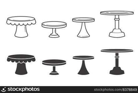 Set of cake stands in flat icon style. Empty trays for fruit and desserts. Vector silhouette and outline illustration. Set of cake stands in flat icon style. Empty trays for fruit and desserts. Vector silhouette and outline illustration.