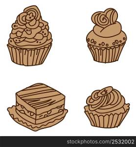 Set of cakes in doodle vintage style. One Color. Hand drawn vector illustration.