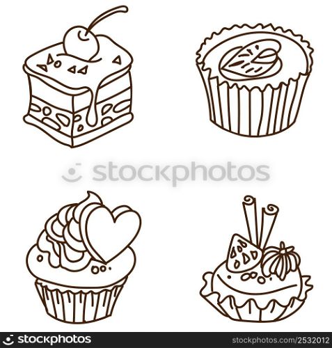 Set of cakes in doodle vintage style. One Color. Hand drawn vector illustration.