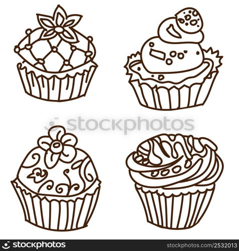 Set of cakes in doodle vintage style. One Color. Hand drawn vector illustration.