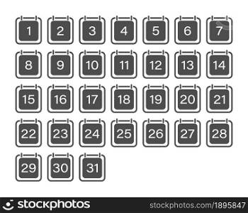 set of calendar icons with the dates of the month. A set of sheets of a flip calendar with the numbers of the month from 1 to 31. Flat style.