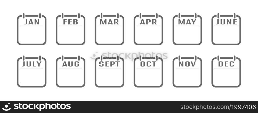 set of calendar icons with the names of the months of the year. A flip calendar with the names of the months of the year. Flat style.