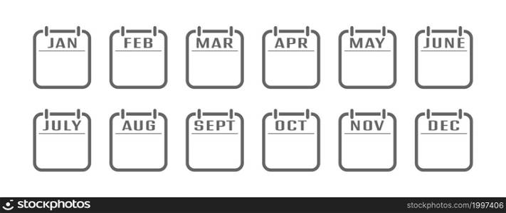set of calendar icons with the names of the months of the year. A flip calendar with the names of the months of the year. Flat style.