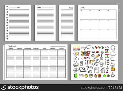 Set of calendars, annual and daily planning, work week and icons of diagram, marks and year sign vector illustration isolated on white background. Set of Calendar, Daily Plans Vector Illustration