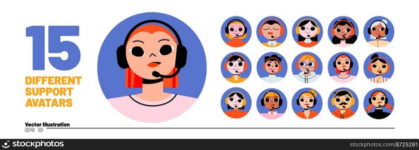 Set of call center operators avatar, isolated round icons. Client support help line workers wear headset. Telephone sales consultant male and female characters faces, Line art flat vector illustration. Set of call center operators avatar, round icons