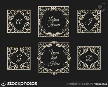 Set of calligraphic decorative vintage elements. Page decoration, antique and medieval frames with sample text and letters inside. Isolated on black background. Only free font used.