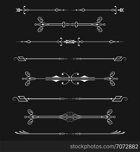 set of calligraphic design elements and page decor, dividers isolated on dark background,vector illustration.. set of calligraphic design elements and page decor.