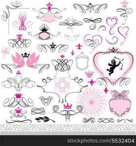 Set of calligraphic design elements and page decoration with heart, crown, flower, angel, dove. Abstract decorative hand drawn illustration for original greeting, invitation, Valentine&rsquo;s Day, wedding cards.