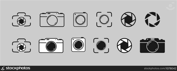 Set of camera, camera and aperture icons, flat simple design