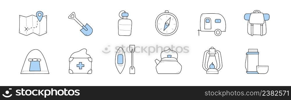 Set of camping and hiking doodle icons. Map with route, spade, compass, trailer, rucksack or tent. First aid kit, kayak with paddle, kettle, lantern, water and vacuum flask, Line art vector signs. Set of camping and hiking doodle icons collection