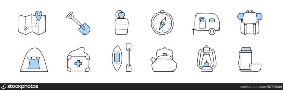 Set of camping and hiking doodle icons. Map with route, spade, compass, trailer, rucksack or tent. First aid kit, kayak with paddle, kettle, lantern, water and vacuum flask, Line art vector signs. Set of camping and hiking doodle icons collection