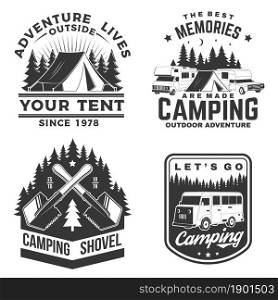 Set of camping badges, patches. Vector illustration. Concept for shirt or logo, print, stamp or tee Vintage typography design with camping equipment, forest, camper rv and mountain silhouette. Set of camping badges, patches. Vector illustration. Concept for shirt or logo, print, stamp or tee. Vintage typography design with camping equipment, forest, camper rv and mountain silhouette