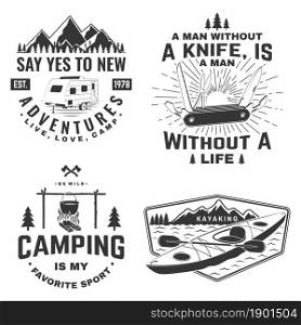 Set of camping badges, patches. Vector illustration Concept for shirt or logo, print, stamp or tee. Vintage typography design with camping equipment, forest, camper rv and mountain silhouette. Set of camping badges, patches. Vector illustration. Concept for shirt or logo, print, stamp or tee. Vintage typography design with camping equipment, forest, camper rv and mountain silhouette