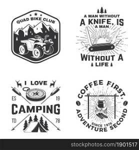 Set of camping badges, patches. Vector illustration Concept for shirt or logo, print, stamp or tee. Vintage typography design with camping equipment, forest, atv and mountain silhouette. Set of camping badges, patches. Vector illustration. Concept for shirt or logo, print, stamp or tee. Vintage typography design with camping equipment, forest, atv nd mountain silhouette