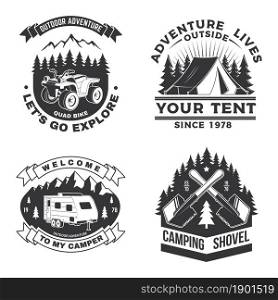 Set of camping badges, patches. Vector illustration Concept for shirt or logo, print, stamp or tee Vintage typography design with camping equipment, forest, camper rv, atv and mountain silhouette. Set of camping badges, patches. Vector illustration. Concept for shirt or logo, print, stamp or tee Vintage typography design with camping equipment, forest, camper rv, atv and mountain silhouette