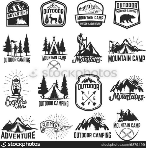Set of camping emblems isolated on white background. Hiking, tourism, outdoor adventure. Design elements for logo, label, emblem, sign. Vector illustration