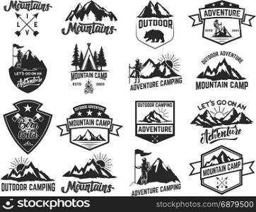 Set of camping emblems isolated on white background. Hiking, tourism, outdoor adventure. Design elements for logo, label, emblem, sign. Vector illustration