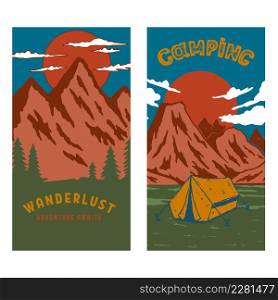 set of camping flyers with mountains. Design element for poster, card, banner, sign. Vector illustration