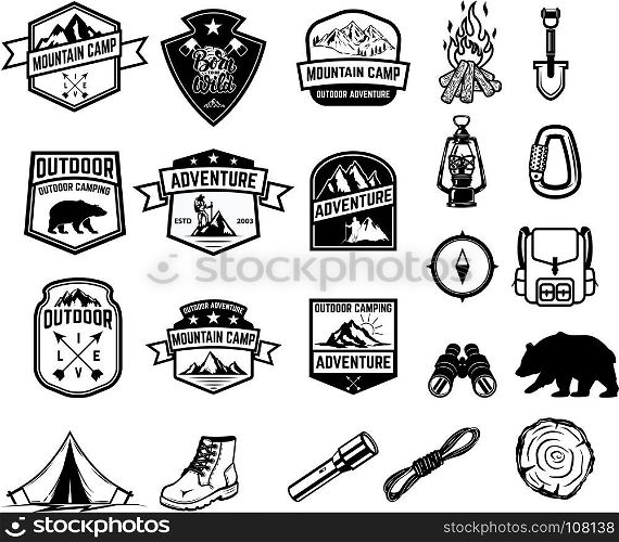 Set of camping, hiking, tourism emblems. Design element for emblem, sign, label, poster. Vector illustration