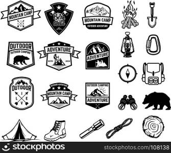 Set of camping, hiking, tourism emblems. Design element for emblem, sign, label, poster. Vector illustration