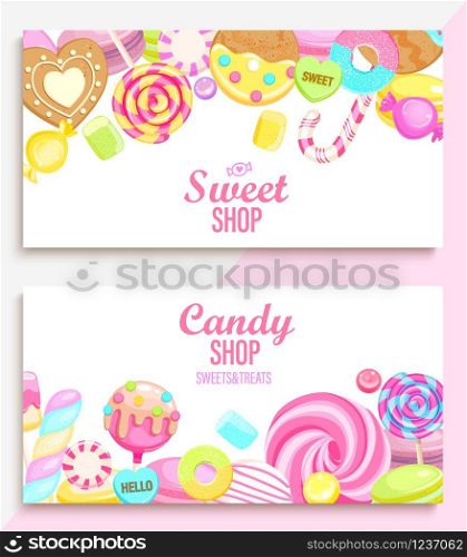 Set of candy and sweet shop banners with many sweets and place for text. Candy,macaroon,bonbon,lollypops,marshmallow,jellybean,candy cane, biscuit. Template for posters, menu,flyers. Vector.. Set of candy and sweet shop banners.