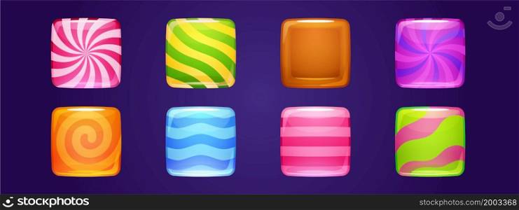 Set of candy app icons, game ui square buttons, cartoon lollipop menu interface, colorful blocks with stripes. Gui graphic design elements for user panel settings, isolated 2d vector illustration. Set of candy app icons, game ui square buttons