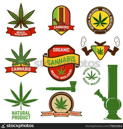 Set of cannabis labels and badges. cannabis leaf decorative jamaican style stamps. Medical marijuana. Label or badge design template.
