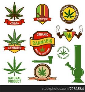 Set of cannabis labels and badges. cannabis leaf decorative jamaican style stamps. Medical marijuana. Label or badge design template.
