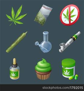 Set of cannabis production and equipment, marijuana leaf, dry weed in plastic bag, prohibition sign and candle, vaporizer, smoking tube, oil, cupcake and pills. Cbd products Cartoon vector 3d icons. Set of cannabis production and equipment icons