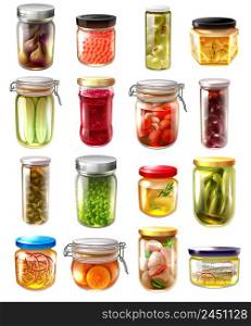 Set of canned food in glass jars with fruit jams, pickled vegetables, fish, caviar isolated vector illustration . Canned Food Set