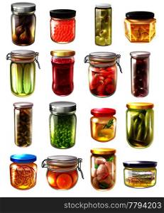 Set of canned food in glass jars with fruit jams, pickled vegetables, fish, caviar isolated vector illustration . Canned Food Set