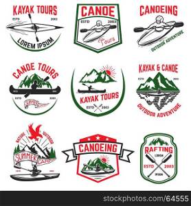 Set of canoeing and kayaking tours emblems. Rafting. Outdoor open water sport. Vector illustration