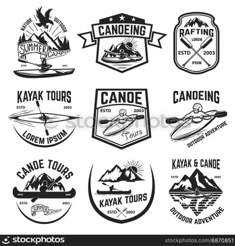 Set of canoeing and kayaking tours emblems. Rafting. Outdoor open water sport. Vector illustration