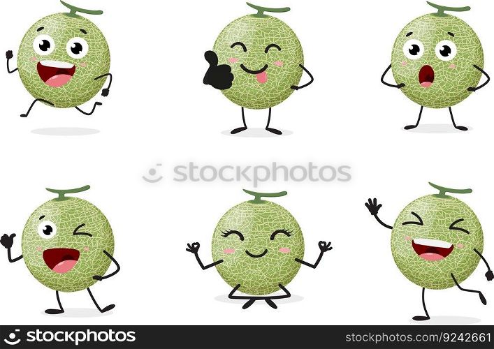Set of Cantaloupe melon cartoon character with different expressions isolated on white background 
