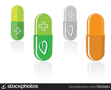 Set of capsules with green leaf isolated on white, vector illustration.