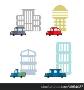 Set of car and House. Transport and business buildings. Collection of icons of city theme. Cars and public buildings.&#xA;